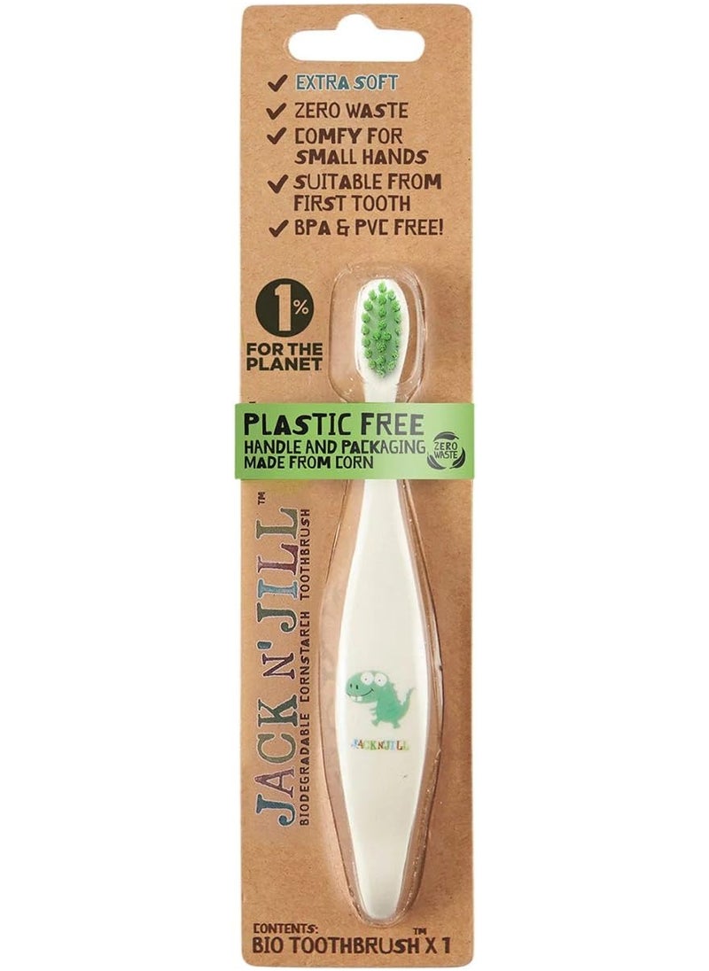 Jack N' Jill Kids Toothbrush - Extra Soft Bristle Toothbrush for Kids, Handle & Packaging Made from Plants (Corn), Ergonomic Handle for Little Hands - Dino Baby, Toddler, & Kids Toothbrush (1 Pack)
