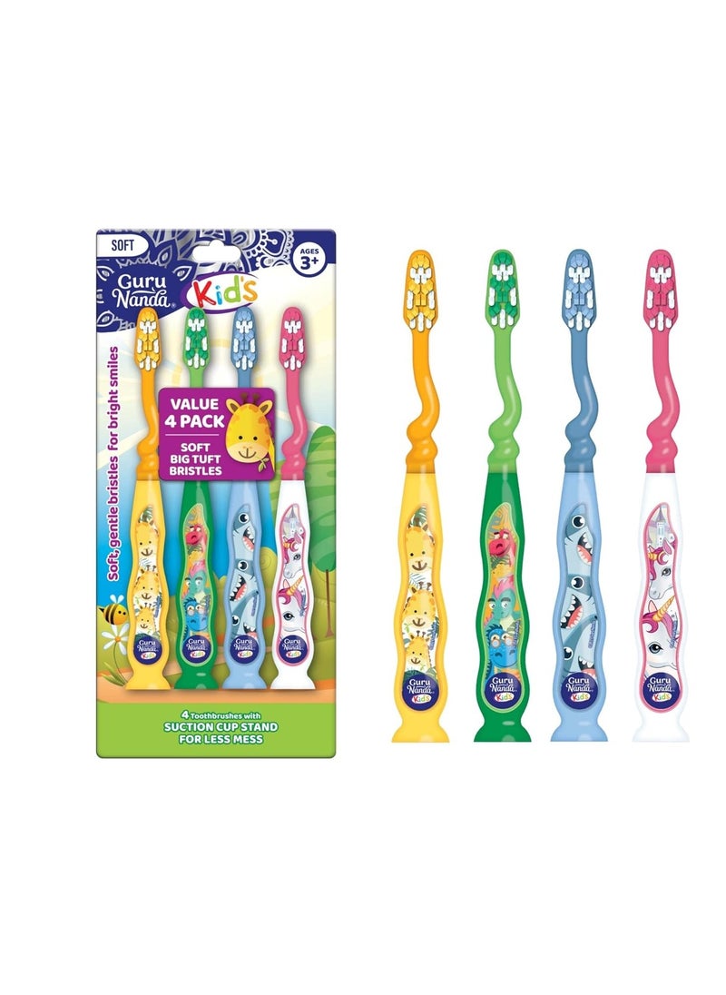 GuruNanda Kids Toothbrush with Suction Cup & Fun Animal Designs - Soft Bristles for Healthy Gums- Non-Slippery & Mess-Free Toothbrush, 3+ Age- 4 Count