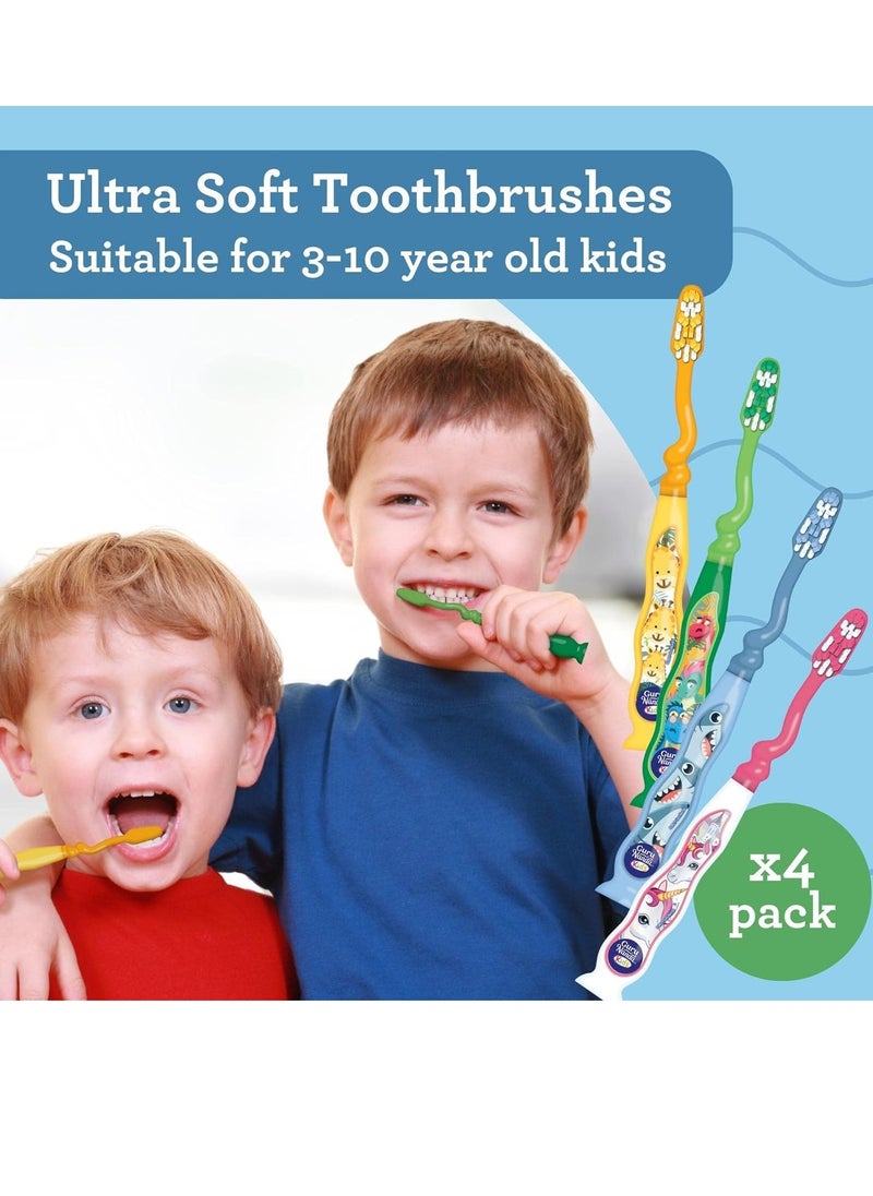 GuruNanda Kids Toothbrush with Suction Cup & Fun Animal Designs - Soft Bristles for Healthy Gums- Non-Slippery & Mess-Free Toothbrush, 3+ Age- 4 Count