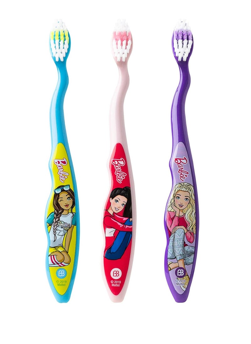 Brush Buddies Barbie Manual Soft Bristled Toothbrush for Kids, Multi-Colored & Fun Toddler Toothbrush, Anti-Slip Grip Handle, Kids Travel Toothbrush, 3 Pack