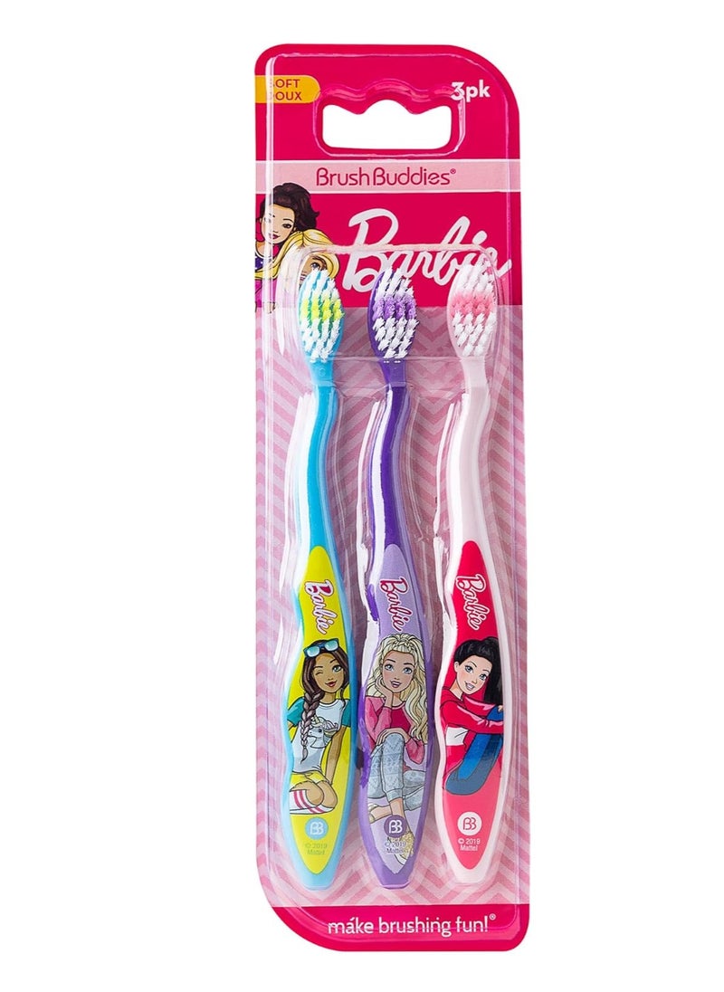 Brush Buddies Barbie Manual Soft Bristled Toothbrush for Kids, Multi-Colored & Fun Toddler Toothbrush, Anti-Slip Grip Handle, Kids Travel Toothbrush, 3 Pack