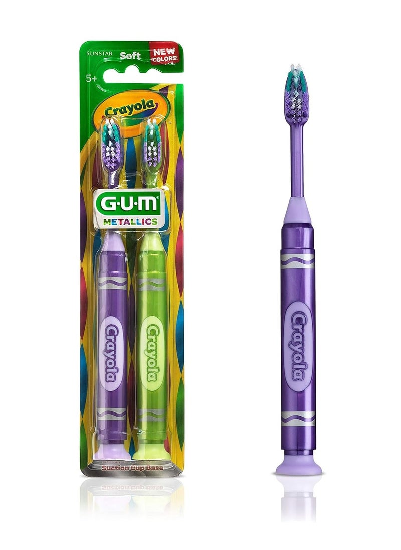 GUM Crayola Marker Children’s Toothbrush, Soft Bristled Kids’ Toothbrush Set Age 3+, Suction Cup Base, 2ct