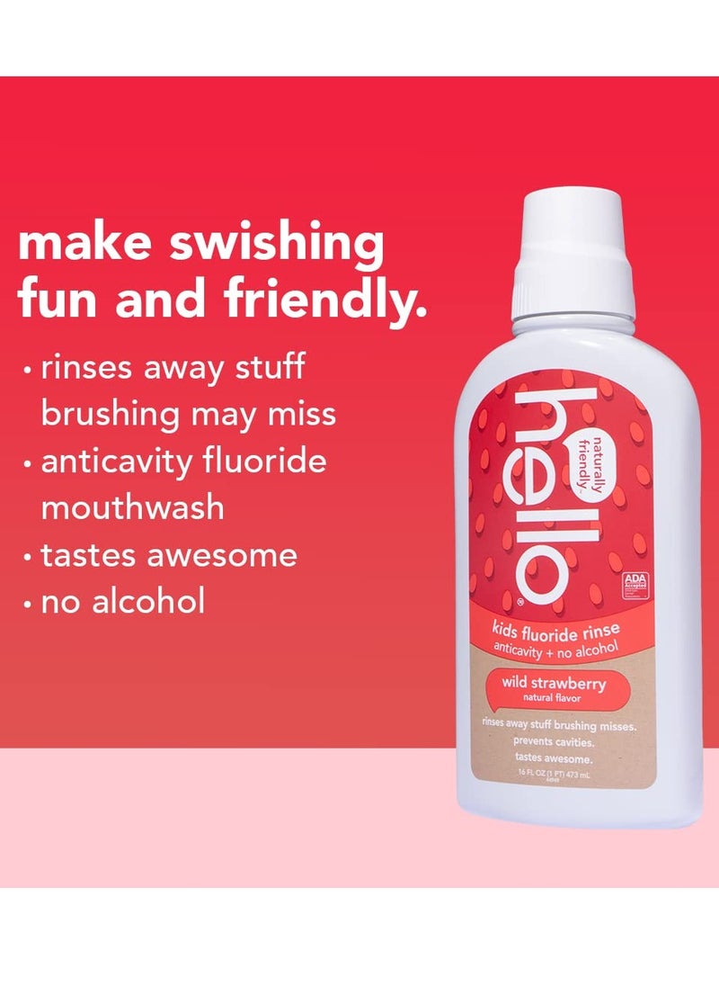 Hello Kids Wild Strawberry Natural Flavor Anticavity Fluoride Rinse - Vegan, Alcohol Free, and SLS Free Mouthwash for Children Age 2 and Up - 16 Ounce (Pack of 3)