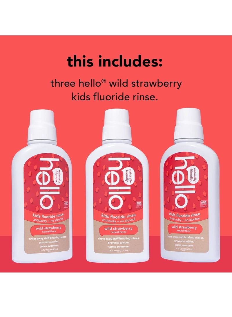 Hello Kids Wild Strawberry Natural Flavor Anticavity Fluoride Rinse - Vegan, Alcohol Free, and SLS Free Mouthwash for Children Age 2 and Up - 16 Ounce (Pack of 3)