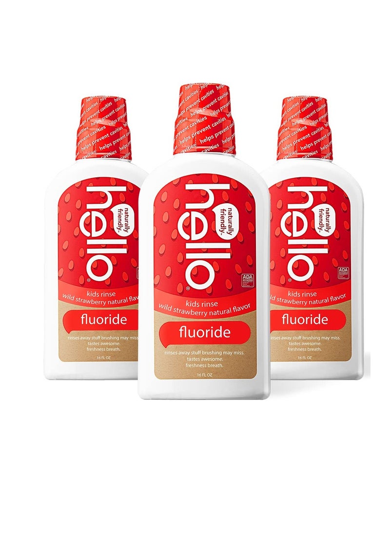 Hello Kids Wild Strawberry Natural Flavor Anticavity Fluoride Rinse - Vegan, Alcohol Free, and SLS Free Mouthwash for Children Age 2 and Up - 16 Ounce (Pack of 3)