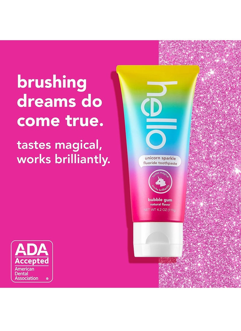 hello Unicorn Sparkle Kids Fluoride Toothpaste, Natural Bubble Gum Flavor & Kids Mouthwash with Unicorn Bubble Gum Flavor, Alcohol Free Mouthwash
