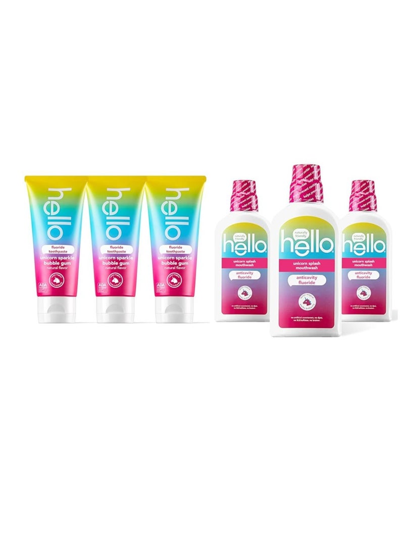 hello Unicorn Sparkle Kids Fluoride Toothpaste, Natural Bubble Gum Flavor & Kids Mouthwash with Unicorn Bubble Gum Flavor, Alcohol Free Mouthwash