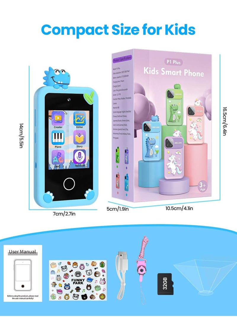 Kids Smart Phone for Boys with 32G Card & Holographic Pyramid,  for Age 3-10 Kids Toys Cell Phone, 2.8