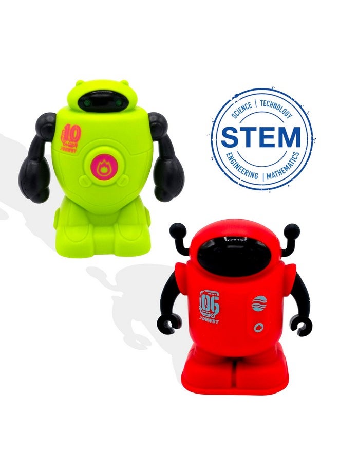 Tracerbot Set (2 Robot Set) - Mini Inductive Robot That Follows The Black Line You Draw. Fun, Educational, And Interactive Stem Toy! Includes Trail Map, Dry Erase Board, And Playbook