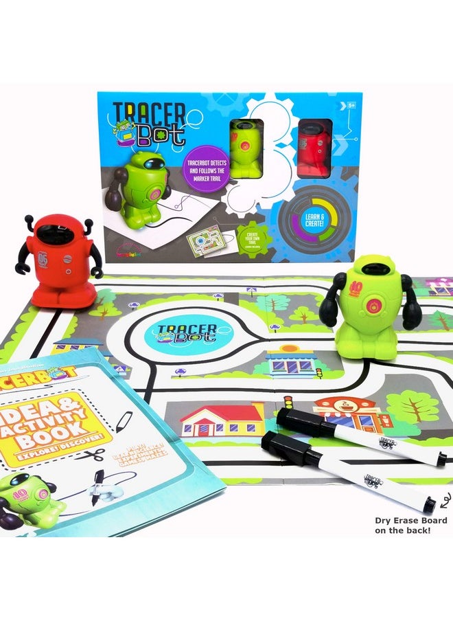 Tracerbot Set (2 Robot Set) - Mini Inductive Robot That Follows The Black Line You Draw. Fun, Educational, And Interactive Stem Toy! Includes Trail Map, Dry Erase Board, And Playbook