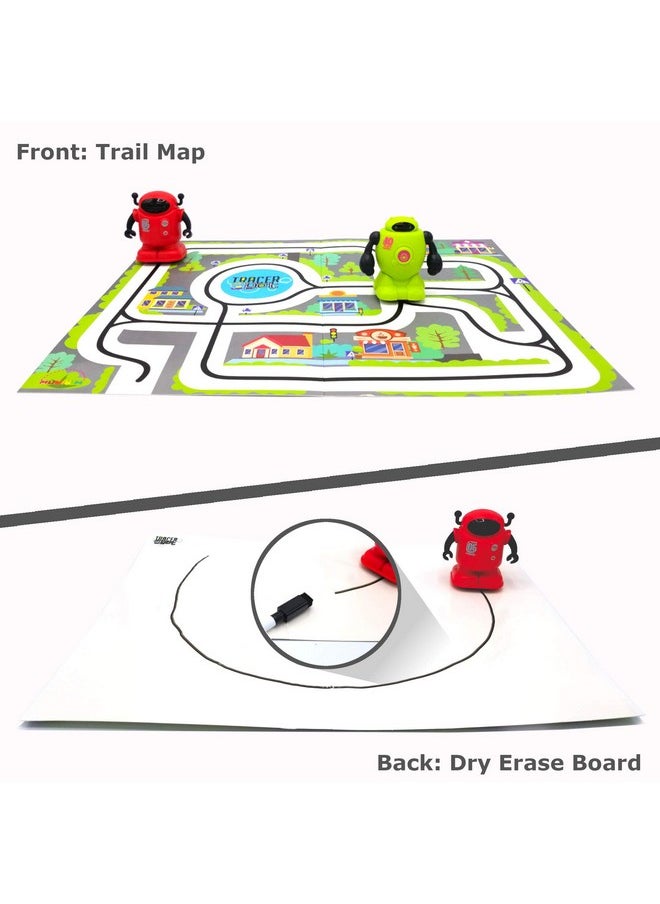 Tracerbot Set (2 Robot Set) - Mini Inductive Robot That Follows The Black Line You Draw. Fun, Educational, And Interactive Stem Toy! Includes Trail Map, Dry Erase Board, And Playbook