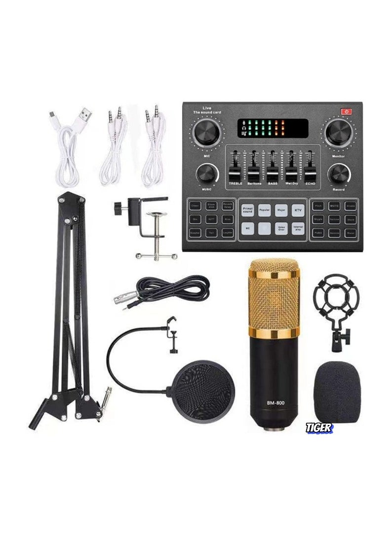 Multifunctional Live V9 Sound Card and BM800 Suspension Microphone Kit – Broadcasting Condenser Microphone Set for Webcasting, Live Streaming, and Audio Recording (For Computers and Mobile)