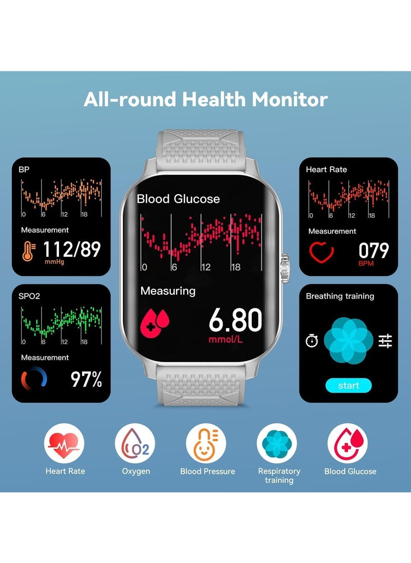 Smartwatch for Men and Women with Blood Glucose Monitoring Large Screen Health and Fitness Tracker Sleep and Blood Pressure Monitor Pedometer Compatible with iOS and Android Phones