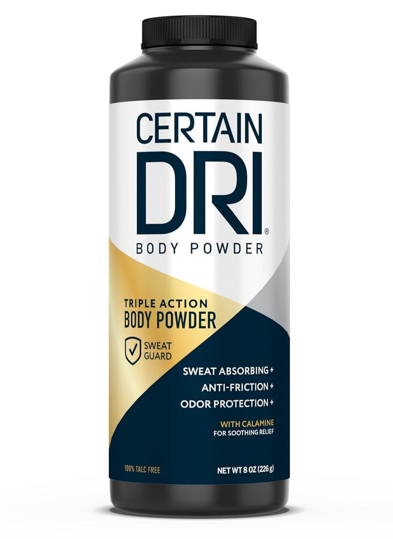 Certain Dri Body Powder for Men & Women, Maximum Sweat Absorption, Moisture & Odor Control, Itch-Free Foot and Body Powder, Talc-Free Formula, Gentle on Sensitive Skin, Calamine Scent, 8 oz