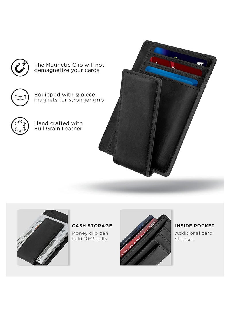 Front Pocket Wallet with Magnetic Money Clip Minimalist RFID Genuine Leather Wallets for Men Slim Credit Card Card Holder  7 Card Slots Black