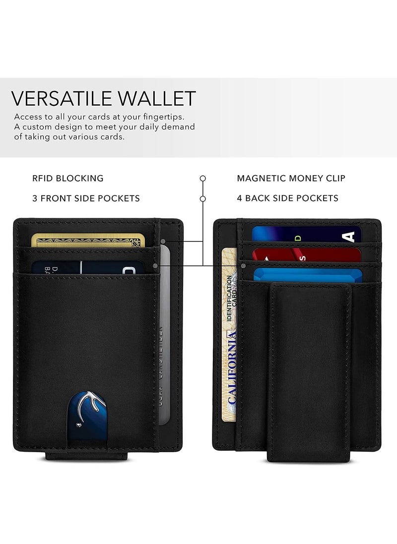 Front Pocket Wallet with Magnetic Money Clip Minimalist RFID Genuine Leather Wallets for Men Slim Credit Card Card Holder  7 Card Slots Black