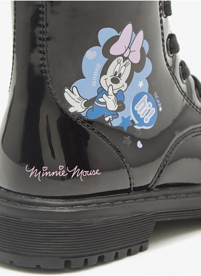 Minnie Mouse Print Ankle Boots with Lace-Up Closure