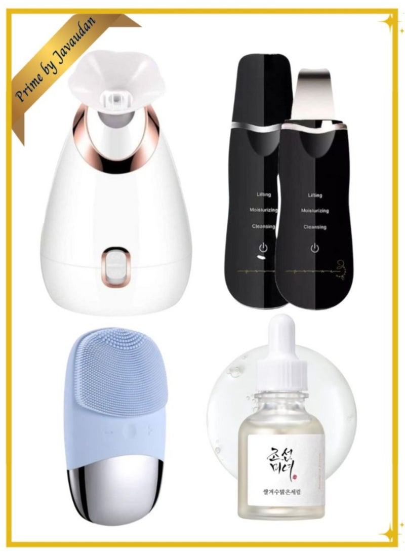 Nano Ionic Facial Steamer Home Facial SPA Face Sauna + Premium Ultrasonic Blackhead Remover Skin Scrubber Face Scrubber + Sonic Facial Cleansing Brush + Glow Deep Serum Rice + Arbutin 30ml