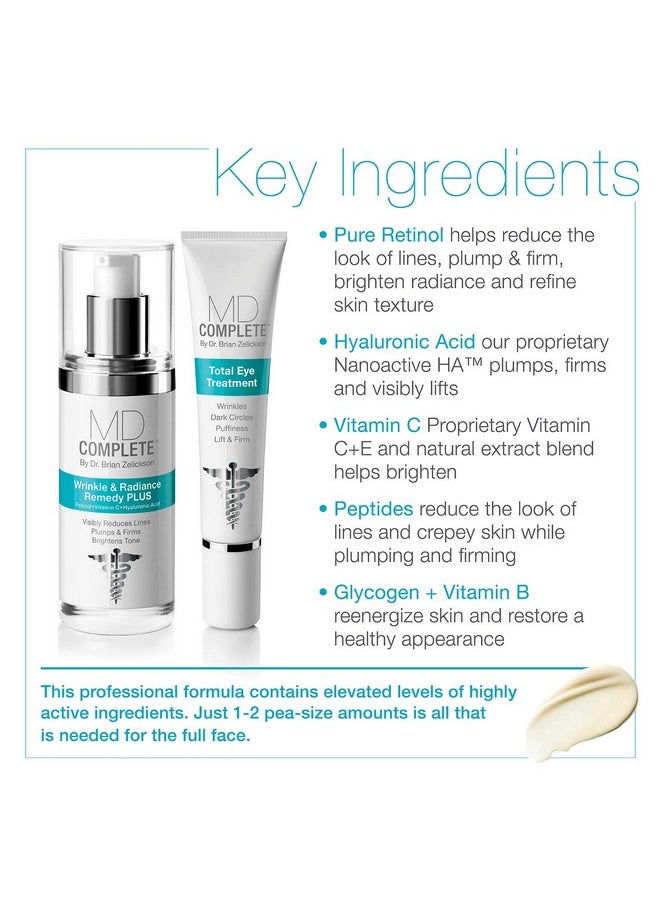 Md Complete Eye Wrinkle Duo | Professional Dermatologist Skin Rejuvenation | Includes Wrinkle & Radiance Remedy Plus With Retinol And Total Eye Treatment With Hyaluronic Acid And Peptides | Set Of Two