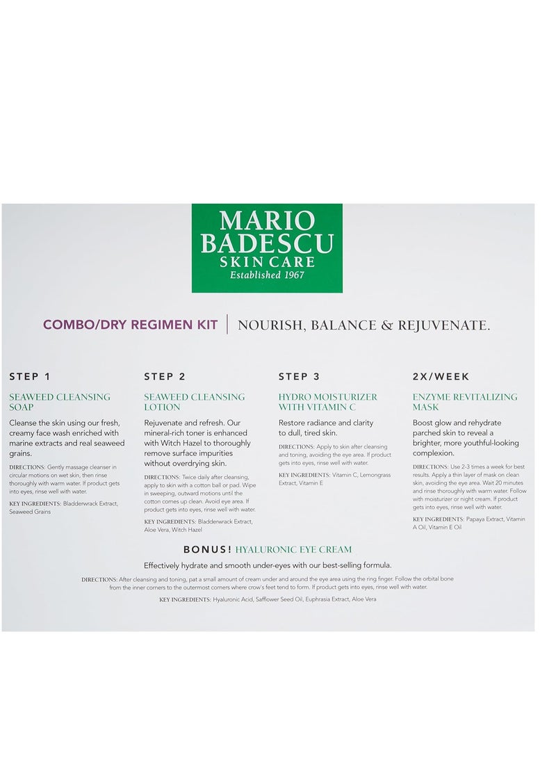 Mario Badescu Combo/Dry Regimen 5 Piece Kit, Skincare Gift Set Includes Seaweed Cleansing Soap, Seaweed Cleansing Lotion, Hydro Moisturizer, Enzyme Revitalizing Mask, and Hyaluronic Eye Cream
