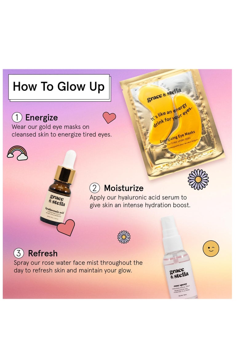 grace & stella Award Winning Dew-Tox & Chill Skincare Gift Set - Christmas Stocking Stuffer with Gold Eye Masks, Hyaluronic Acid Serum & Rose Spray - Teen Girl Gifts - Gifts for Women, Mom, Brides