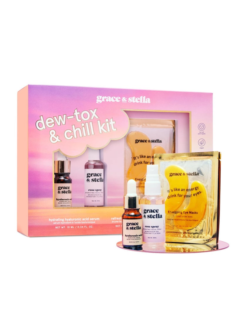 grace & stella Award Winning Dew-Tox & Chill Skincare Gift Set - Christmas Stocking Stuffer with Gold Eye Masks, Hyaluronic Acid Serum & Rose Spray - Teen Girl Gifts - Gifts for Women, Mom, Brides