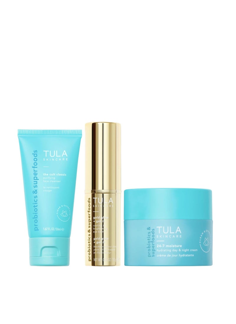 TULA Skin Care Greatest Hits Skincare Discovery Kit, Includes Gold Glow & Get It Eye Balm 0.35 oz., The Cult Classic Cleanser 50ml, 24-7 Moisture Hydrating Day & Night Cream 15ml, 3-Piece Kit