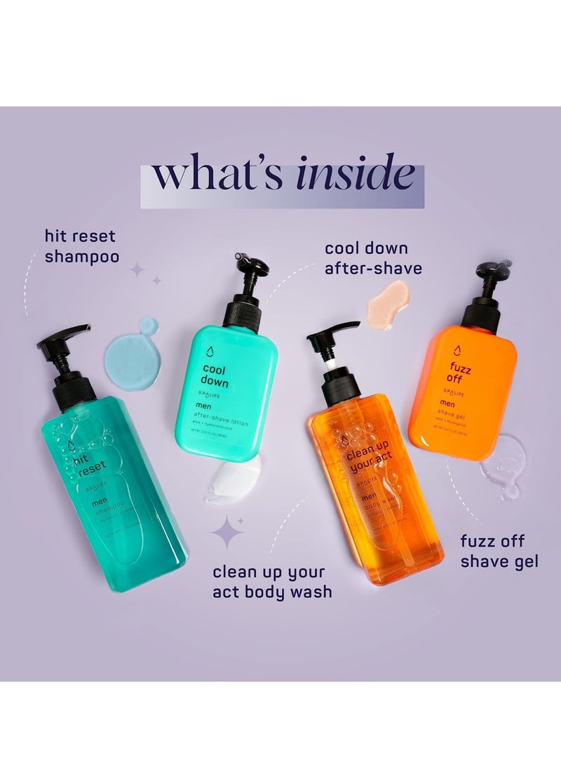 SpaLife Men's Hair & Body Care 4-Piece Set – Body Wash, Shave Gel, After-Shave Gel, Shampoo – Men's Skincare – After-Shave Lotion for Men – Gift Set – Gifts for Men – Gifts for Guys