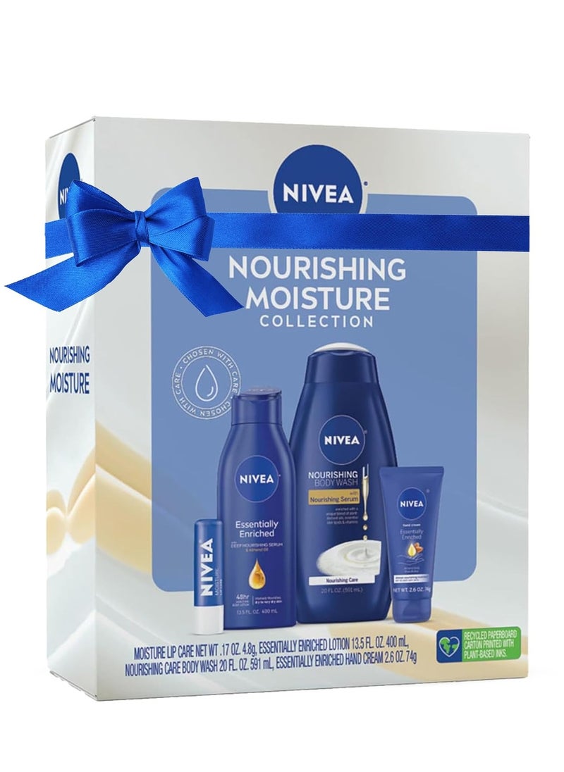 NIVEA Nourishing Moisture Collection Skin Care Set, Nourishing Care Body Wash, 20 Fl Oz + Body Lotion, 13.5 Fl Oz + Hand Cream, 2.6 Oz + Moisture Lip Care Balm, 0.17 Oz, Holiday Gifts for Women