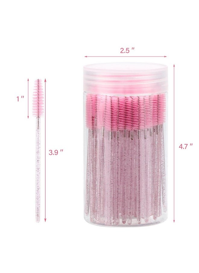 100 Pcs Disposable Mascara Wands, Crystal Eyebrow Spoolies Brush For Eyelash Extensions, Pink Lash Brushes With Container