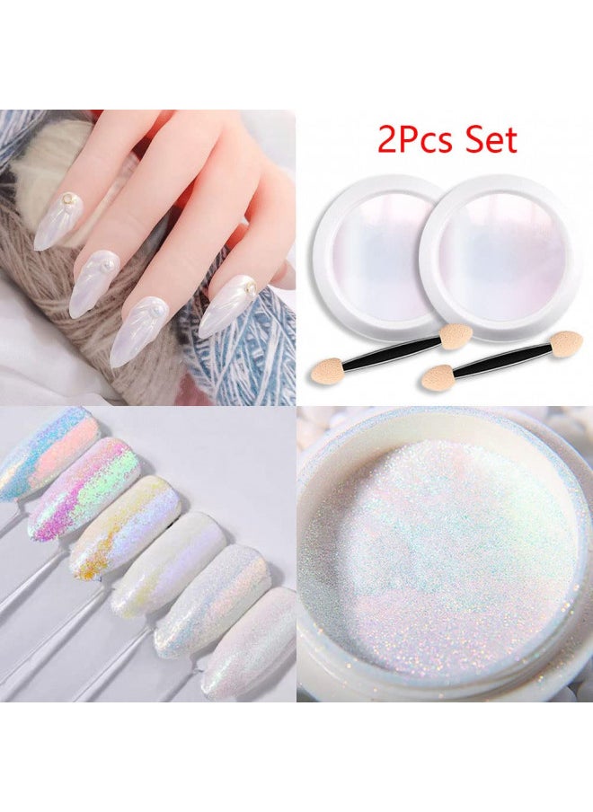 2 Pieces Chrome Nail Powder Kit For Nails Polish, White Pearl Mermaid Rainbow Holographic Iridescent Chameleon Metallic Neon Nail Pigment Mirror Chrome Nail Powder Gold Silver For Gel Nails Glitter