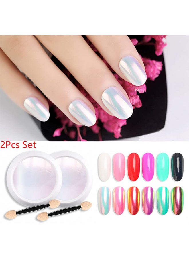 2 Pieces Chrome Nail Powder Kit For Nails Polish, White Pearl Mermaid Rainbow Holographic Iridescent Chameleon Metallic Neon Nail Pigment Mirror Chrome Nail Powder Gold Silver For Gel Nails Glitter