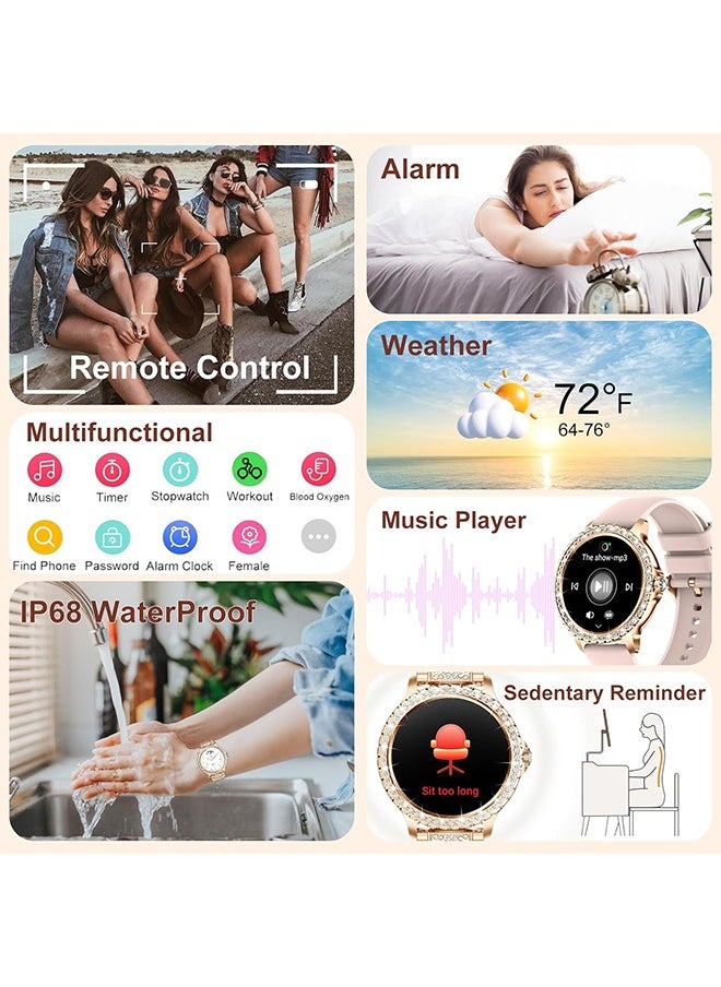 Lady's Fashion Smartwatch Bluetooth Call 1.32inch Round Screen Health Monitoring Fitness Tracker Waterproof AI Voice Assistant Women I58 Smart Watch,Gold