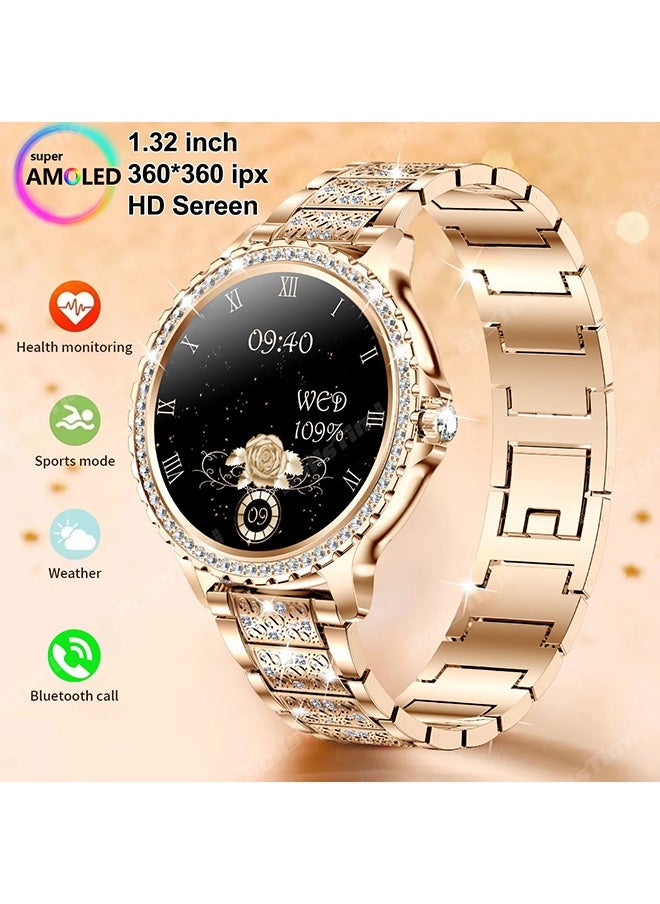 Lady's Fashion Smartwatch Bluetooth Call 1.32inch Round Screen Health Monitoring Fitness Tracker Waterproof AI Voice Assistant Women I58 Smart Watch,Gold