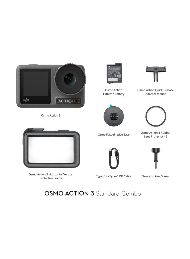 Osmo Action 3 Standard Combo, Waterproof Action Camera 4K with Super-Wide FOV, 10-Bit Color Depth, Stabilization, Long-Lasting 160 Mins, Dual Touchscreens, Mini Action Camera For Outdoor, Travel