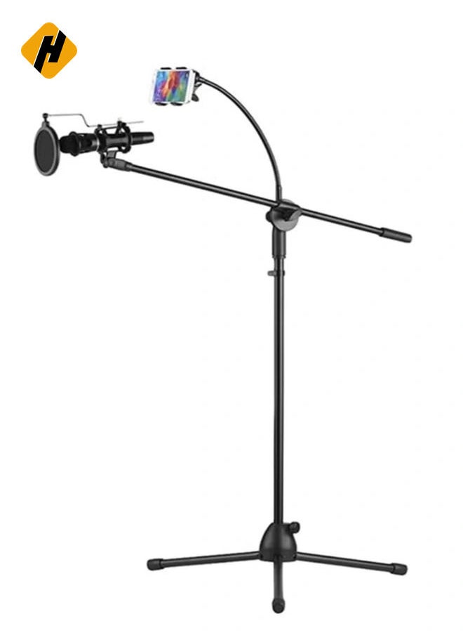 Height Angle Adjustable Floor Standing Tripod Stand With Mic Clip And Phone Holder Black