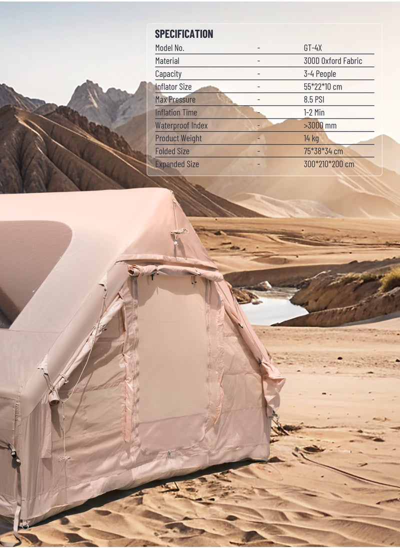 Inflatable Camping Tent GT-4X / Camping Friendly / Breathable Anti-Mosquito Design / Waterproof and Windproof / Durable Build / Instant Setup / Pump / Ventilated Windows / 3-4 Person - Beige