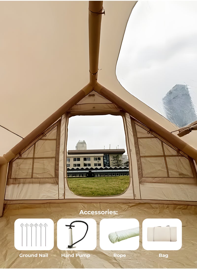 Inflatable Camping Tent GT-4X / Camping Friendly / Breathable Anti-Mosquito Design / Waterproof and Windproof / Durable Build / Instant Setup / Pump / Ventilated Windows / 3-4 Person - Beige
