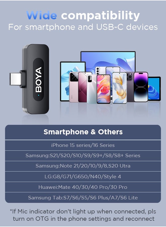 BOYA BY-V20 wireless microphone Noise Cancellation Lavalier Microphone Mini Mic 100M Transmission microphone for Vlogging TikTok YouTube Content Creators Live Streaming Interview Recording iPhone Android Smartphones Action DSLR Camera Laptop PC
