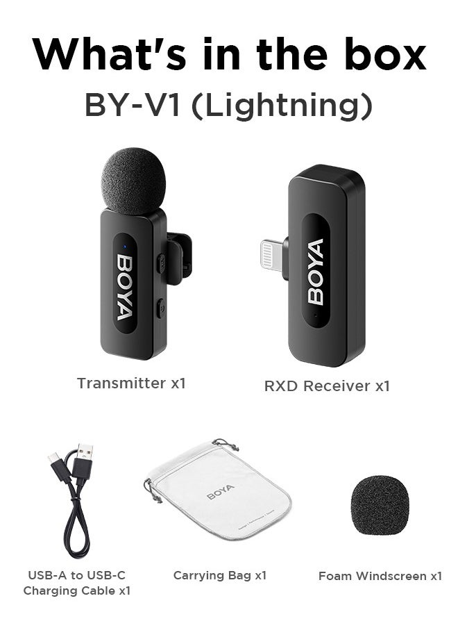 BOYA BY-V1 wireless microphone Noise Cancellation Lavalier Microphone Mini Mic 100M Transmission microphone for Vlogging TikTok YouTube Content Creators Live Streaming Interview Recording iPhone Android Smartphones Action DSLR Camera Laptop PC