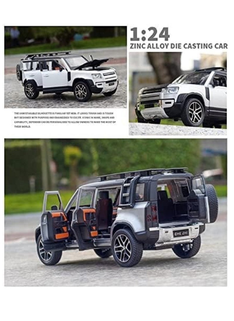 1:24 Scale Land Rover Defender Toy Cars, Diecast Model Luxury Metal Car Collection, Zinc Alloy Pull Back with Front and Back Lights and Sound, Open Doors