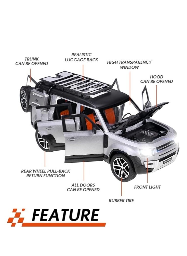 1:24 Scale Land Rover Defender Toy Cars, Diecast Model Luxury Metal Car Collection, Zinc Alloy Pull Back with Front and Back Lights and Sound, Open Doors