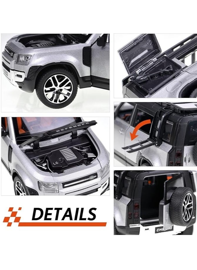 1:24 Scale Land Rover Defender Toy Cars, Diecast Model Luxury Metal Car Collection, Zinc Alloy Pull Back with Front and Back Lights and Sound, Open Doors