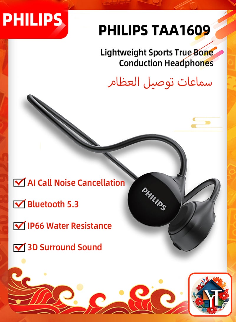 Taa1609 Bone Conduction Bluetooth Earphones, 5-Hour Playback, Sweat Resistant Design Black