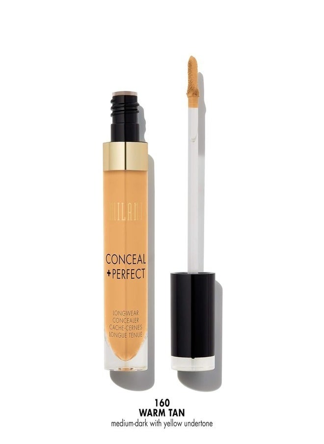 Milani Conceal + Perfect Longwear Concealer in 160 Warm Tan– Full Coverage, Lightweight Formula, 16-Hour Wear, Hydrating and Crease-Proof for Flawless Skin, 0.17 fl oz