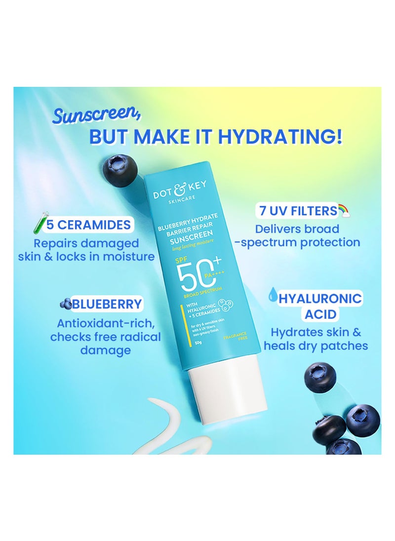 Dot & Key Blueberry Hydrate Barrier Repair Sunscreen SPF 50+, PA++++ | For Dry & Sensitive Skin | Non - Greasy Finish | No White Cast | UV & Blue Light Protection | Broad Spectrum| 80g