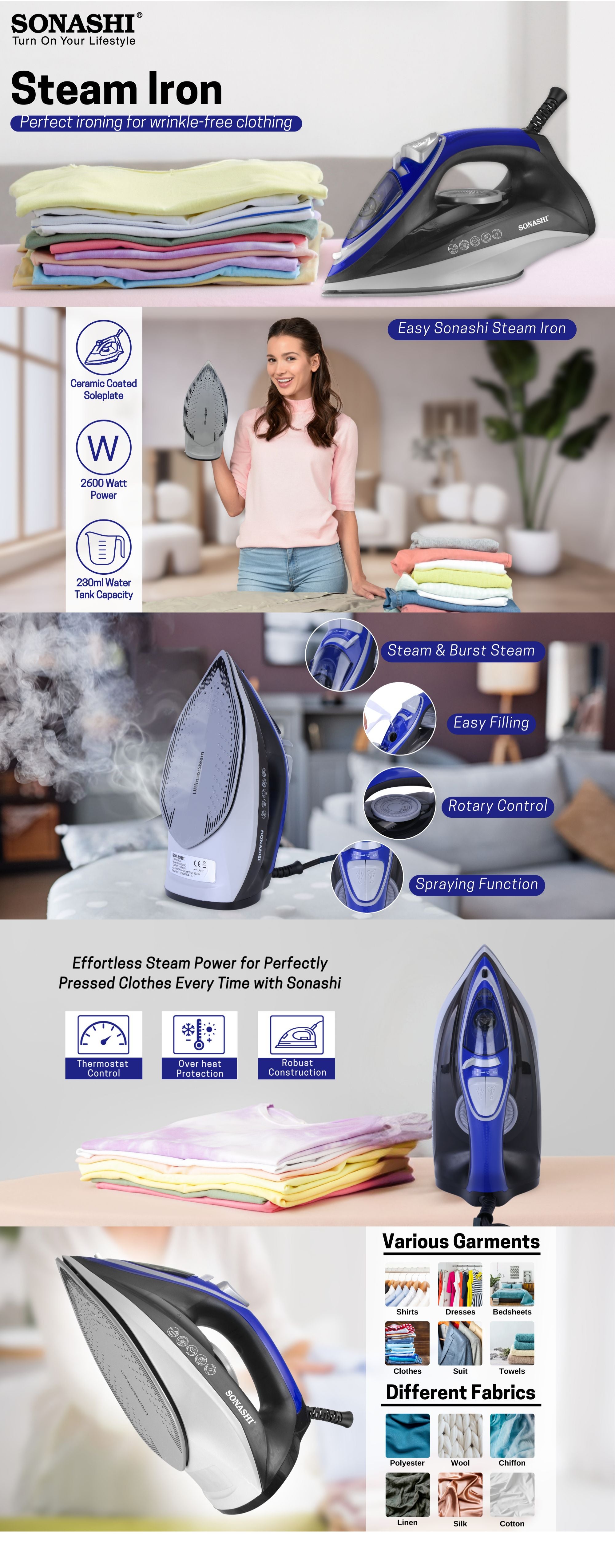 Steam Iron with Ceramic Coated Soleplate | Steam/Burst Steam/Spray/Dry Iron with Self-Clean Function | Water Tank 230ML - Ideal for All Fabrics 230 ml 2600 W SI-5084C Blue/Black
