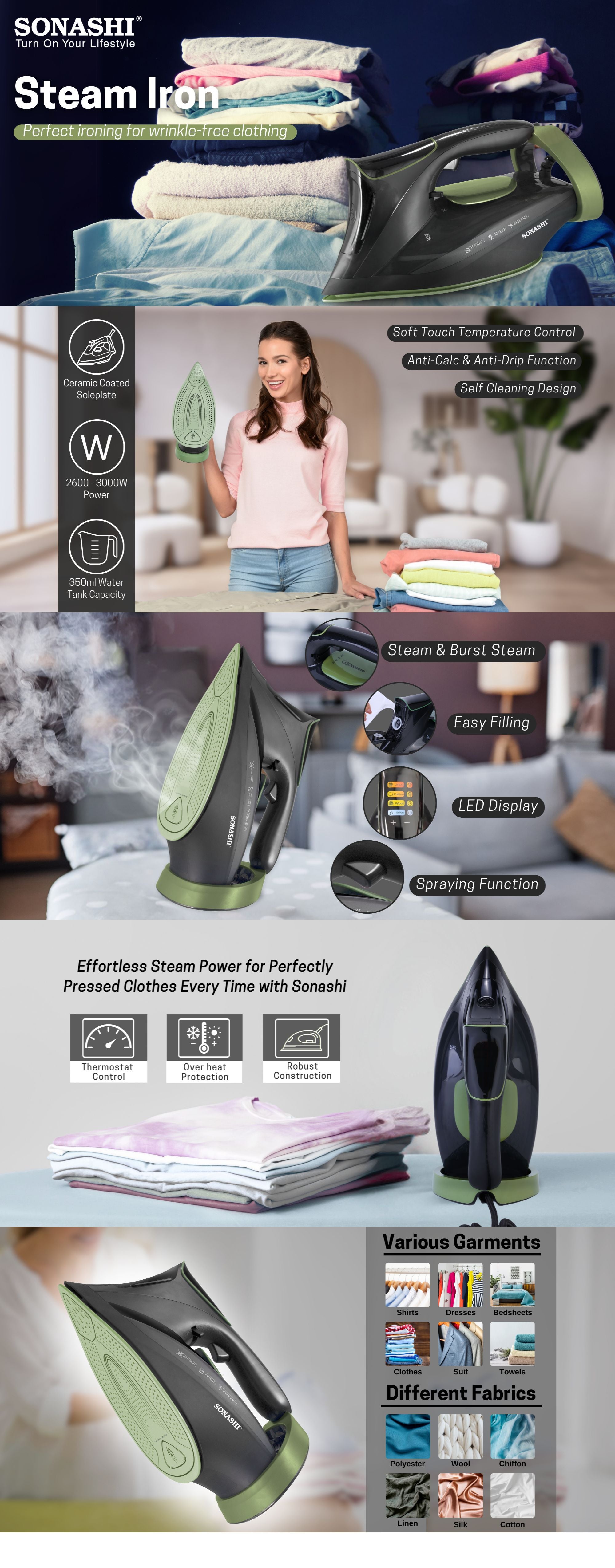 Steam Iron with Ceramic Coated Soleplate | LED Display with Touch Control | Steam/Burst Steam/Spray/Dry Iron with Self-Clean Function | Anti-Drip/Anti-Calc/Auto Shut-Off with Water Tank 350 ml 3000 W SI-5088C Black/Green