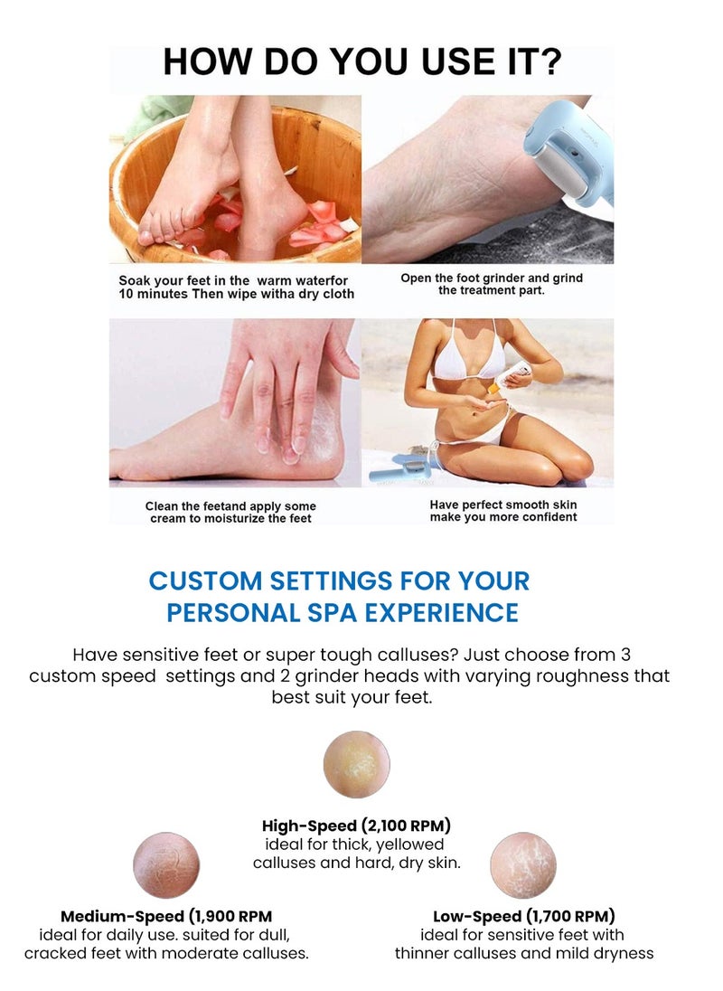 Electric Foot  File Pedicure Tools Remover, Recharble Type-C, Three-Speed Level, Electric Rotating Scub 360 Degree, Replaceable Sand Heads, 6ml Water Tank and IPX7 Waterproof Function for Remove Calluses, Dead, Hard Cracked Dry Skin B5-B  - Blue
