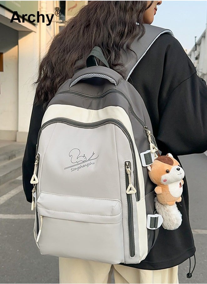 Solid Color Squirrel Print Campus Backpack For Girls and Boys with Pendant Back To School Supplies Kawaii Backpack with Cute Accessory 16.9 Inch Bookbags Lightweight Casual Travel Daypacks for Teens